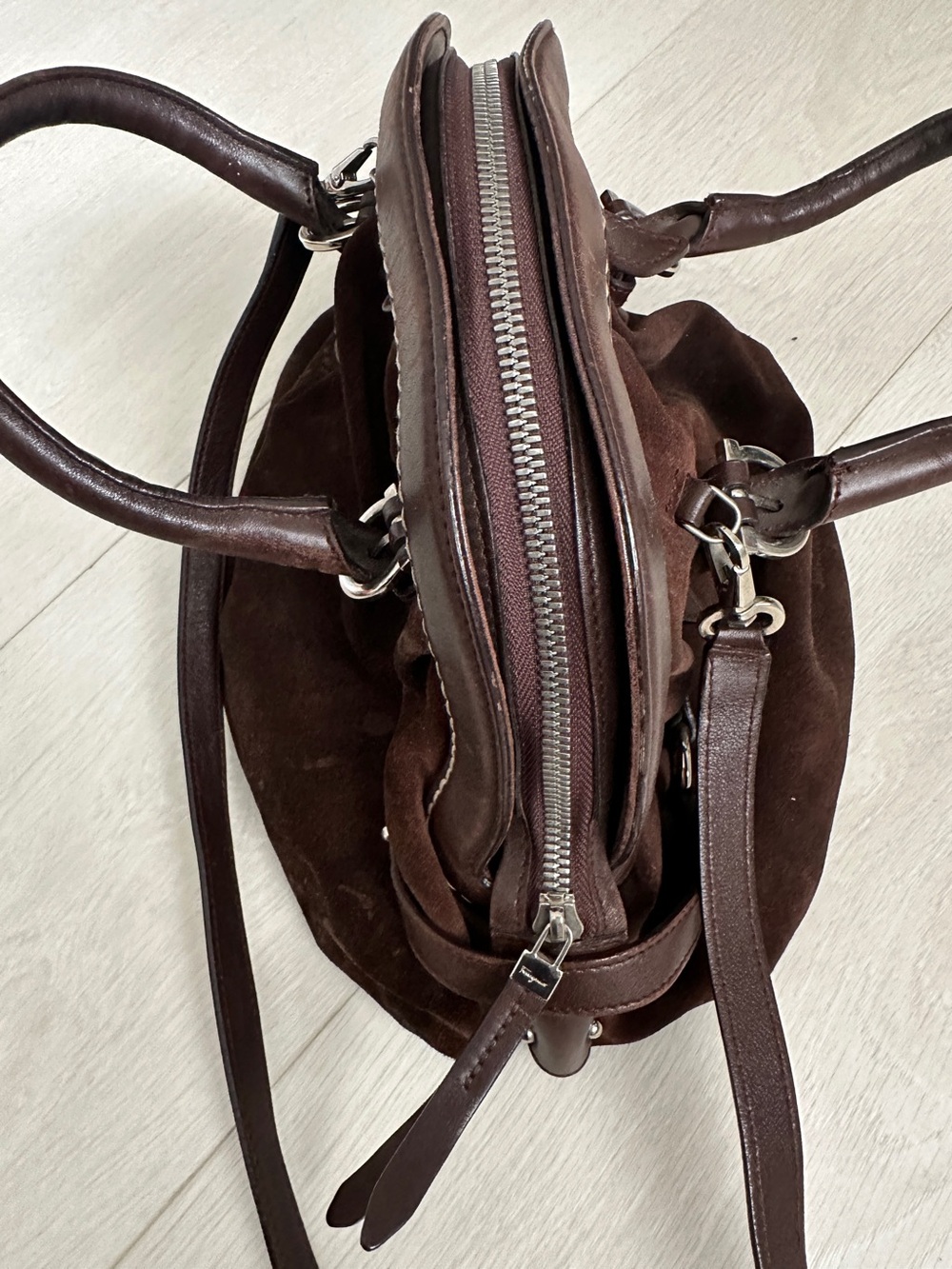 Vtg Salvatore Ferragamo Chocolate Suede & Leather Handbag Shoulder Bag Dome Bag - Picture 10 of 16